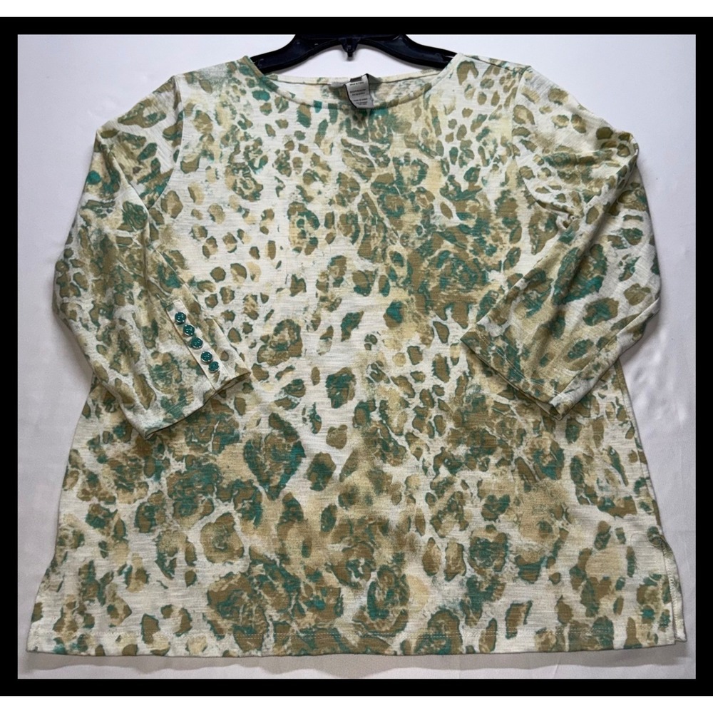 Multiples Animal Print Blouse Womens Small Green Button Back 3/4 Sleeve Top